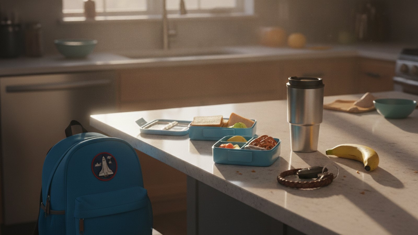 A kitchen counter during the morning rush with half-packed lunchboxes and a child's backpack