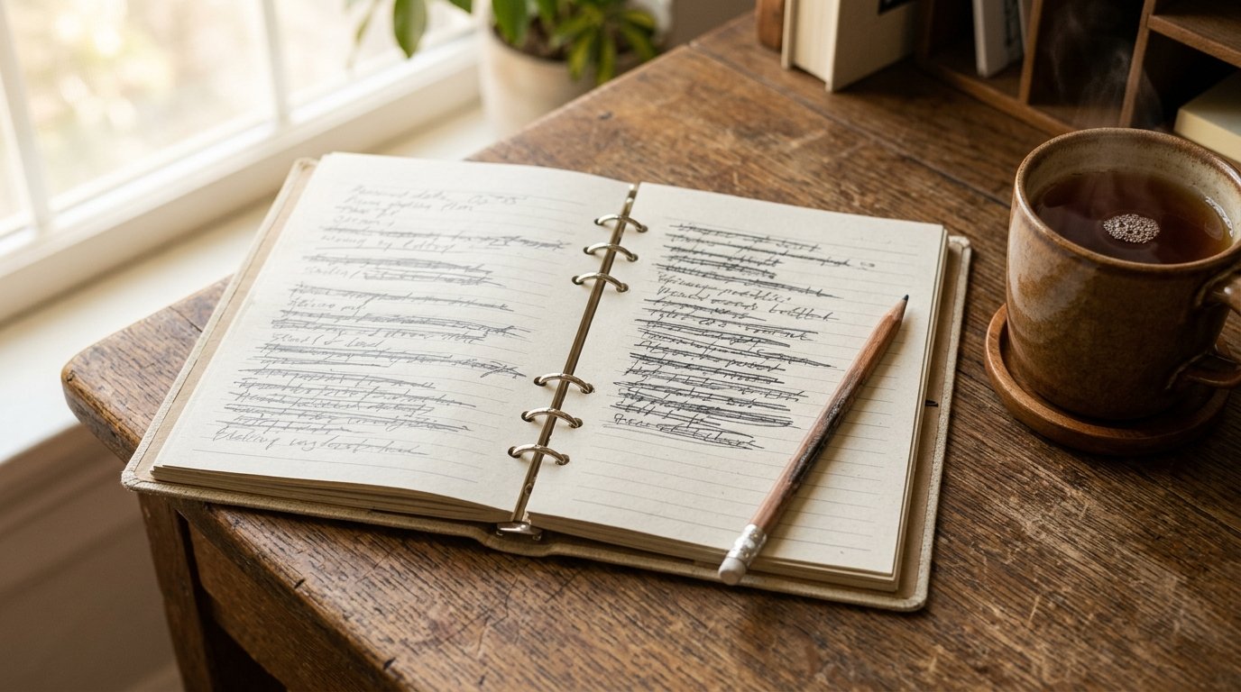 An open planner on a desk with several crossed-out lines and a pencil, beside a cooling cup of tea