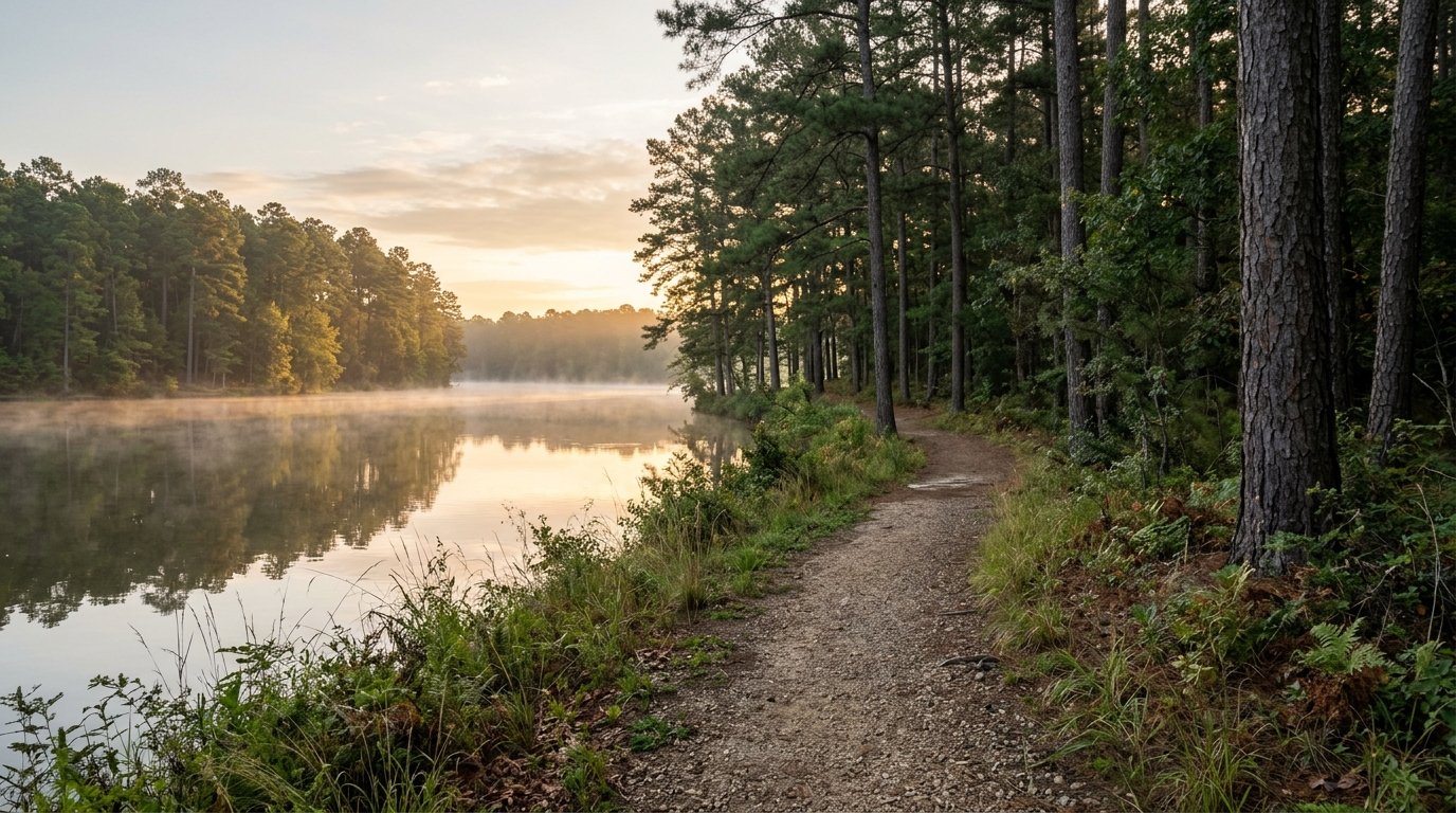 A walking path beside a calm lake at early morning with tall pine trees and soft light, nobody in frame