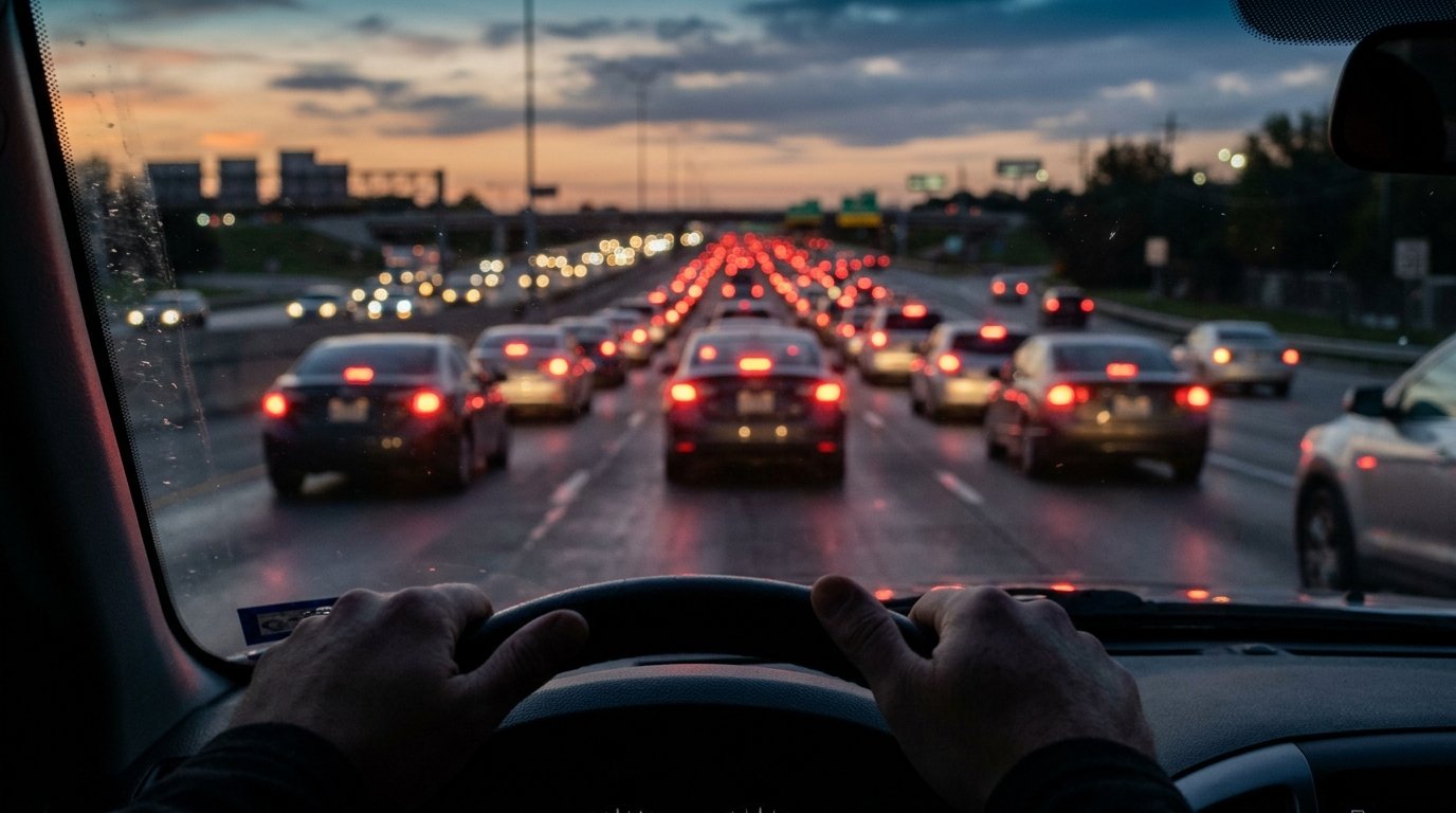 View from the driver's seat in slow evening traffic on a Texas highway, red brake lights blurred ahead, the everyday pressure behind stress vs anxiety