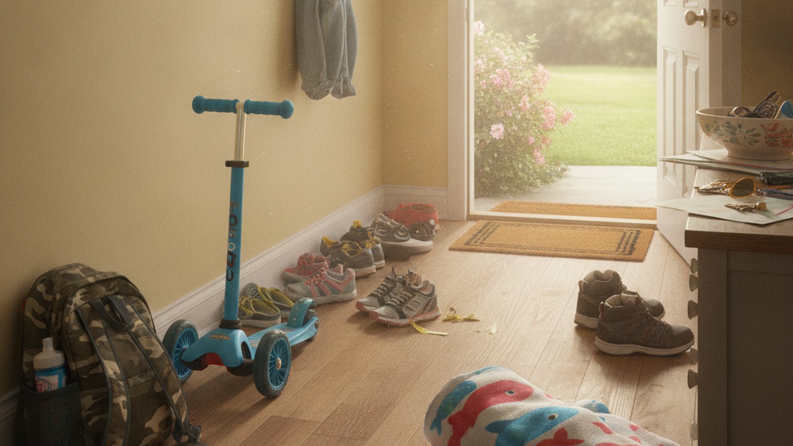 A family hallway in summer with children's shoes, a scooter and towels left by the door