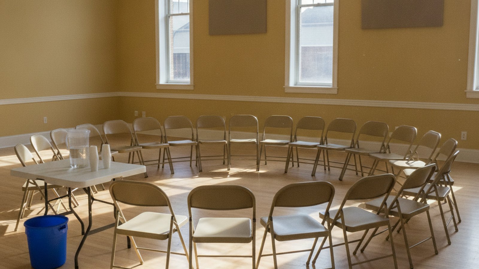 A circle of empty folding chairs in a bright community room with a water jug on a side table