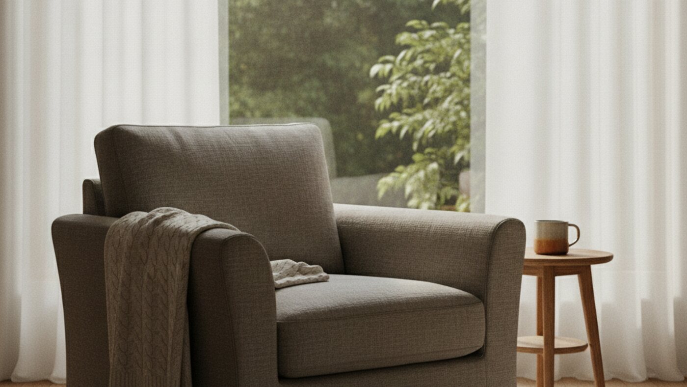 Quiet counseling room with two armchairs, a side table and soft light through a partly lowered blind