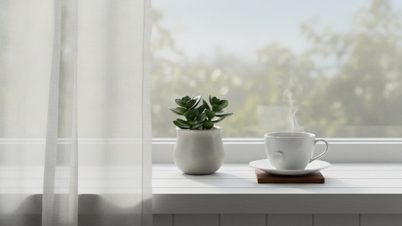 Soft morning light through a sheer curtain onto a windowsill with a small potted plant and a cup of tea