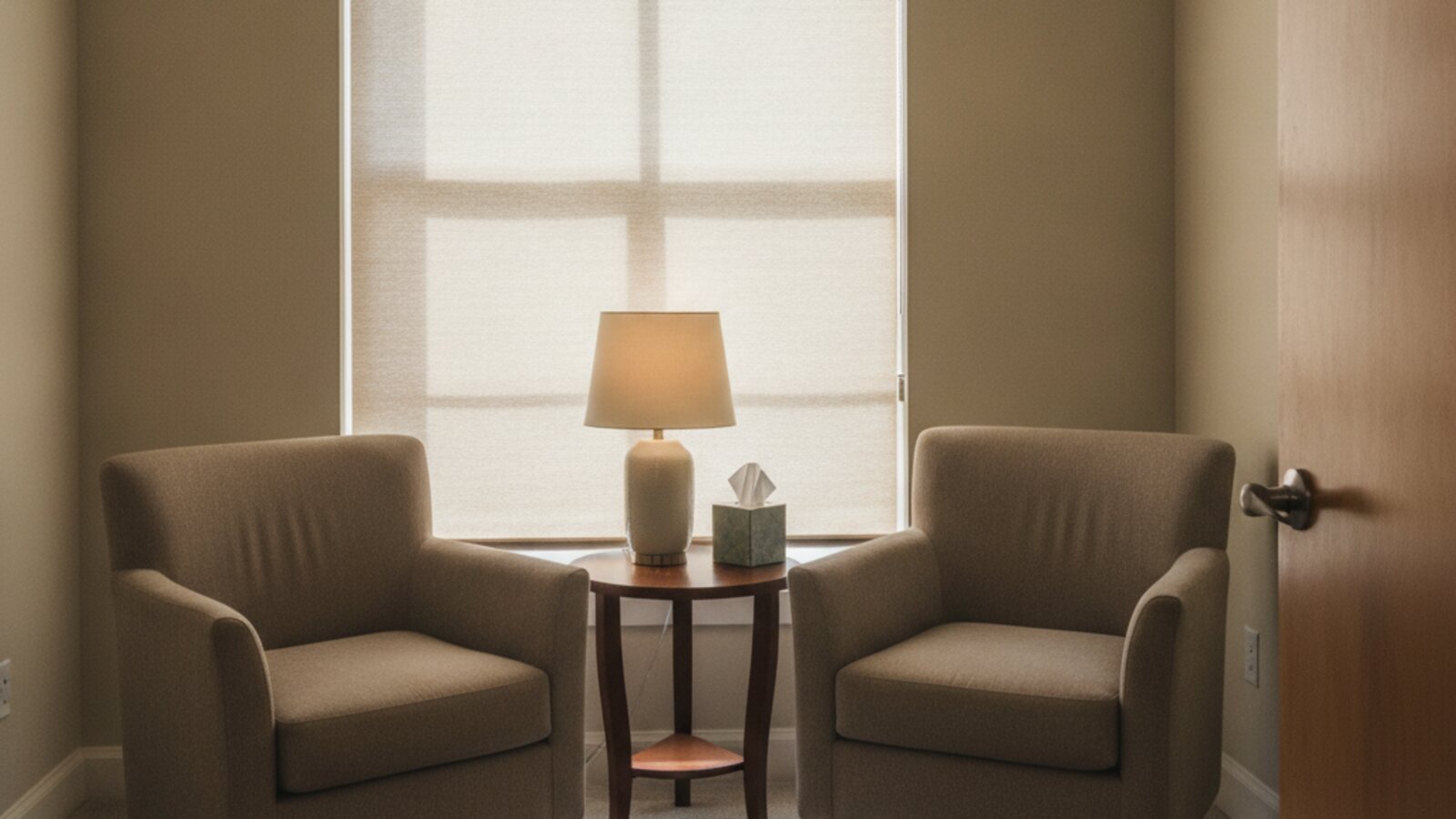 Quiet counseling room with two armchairs, a lamp and a window with the blind partly lowered, in Humble, Texas