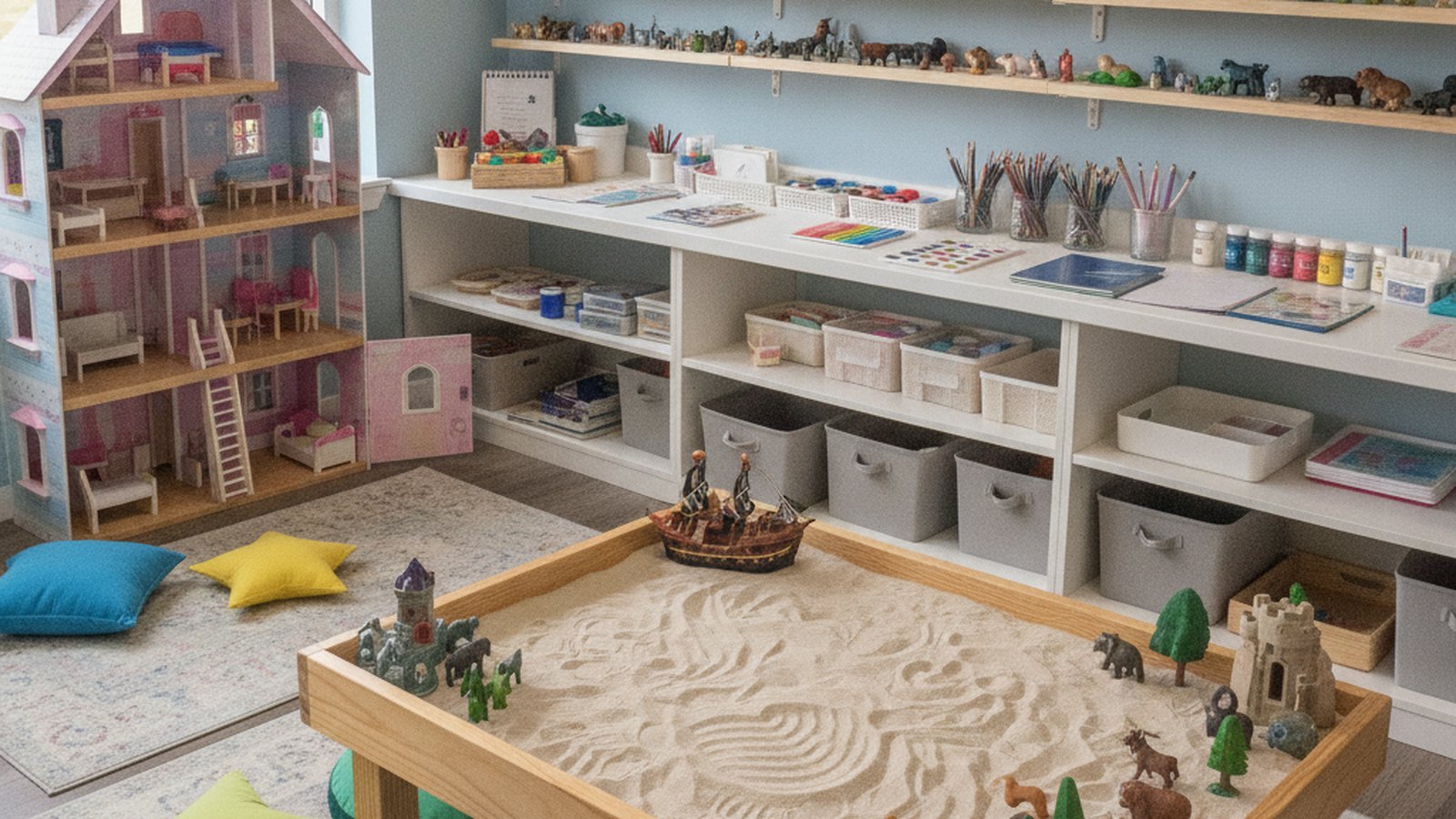 A play therapy room with a sandtray, shelves of small figures, art supplies and floor cushions