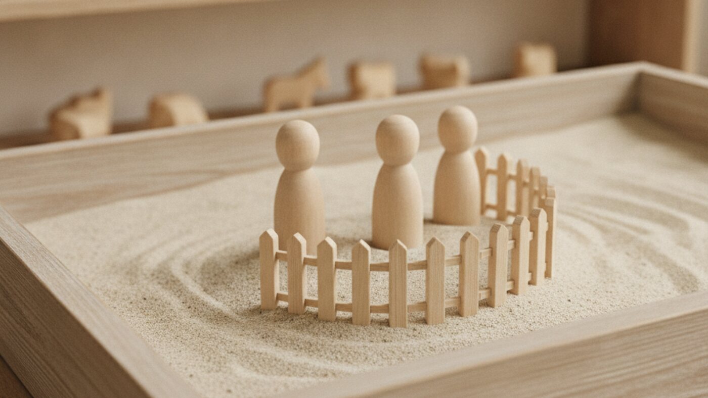Sand tray with small figures arranged in a scene beside shelves of miniature toys in a play therapy room