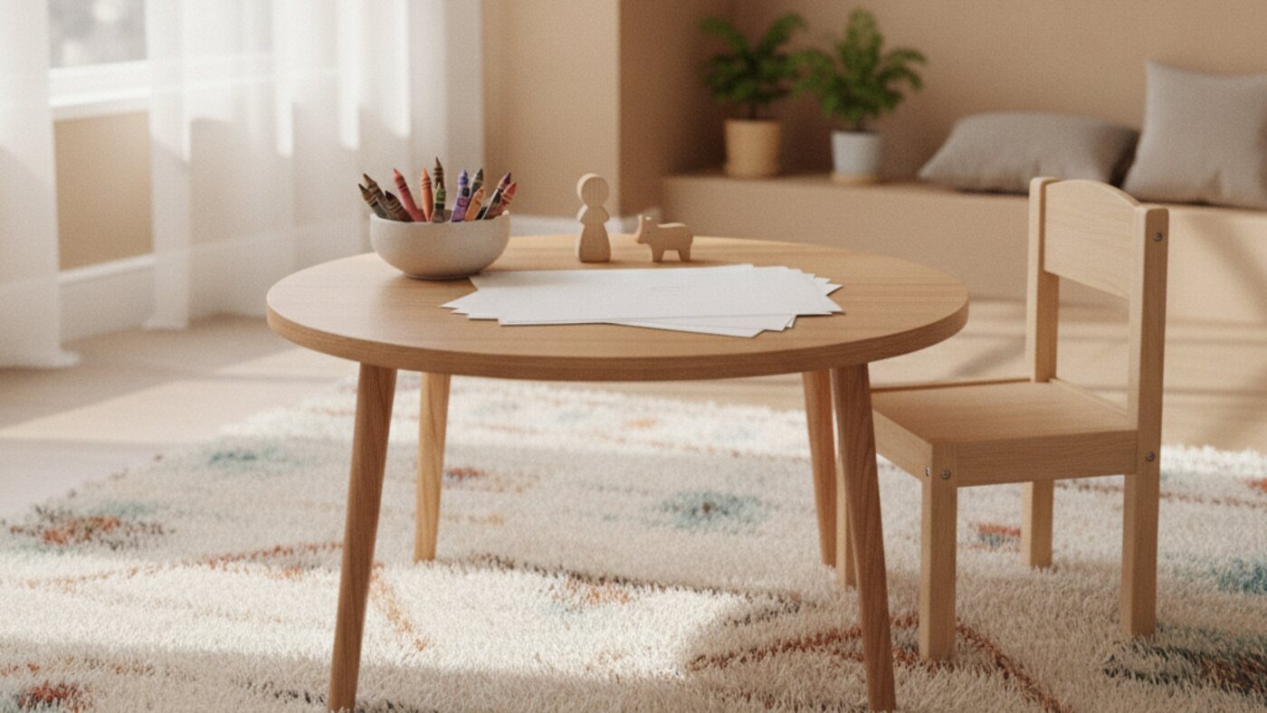 Child-sized table with paper, crayons and small figures in a bright, calm counseling room