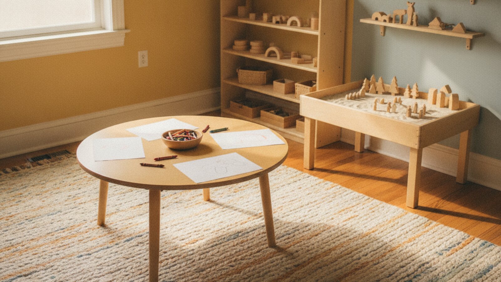 Child-sized table with art supplies, a sand tray and shelves of small figures in a play therapy room in Humble, Texas