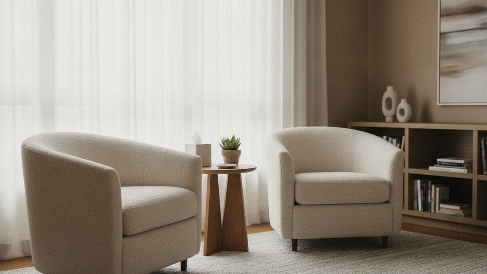 Two empty armchairs facing each other across a small table in a calm, sunlit counseling room