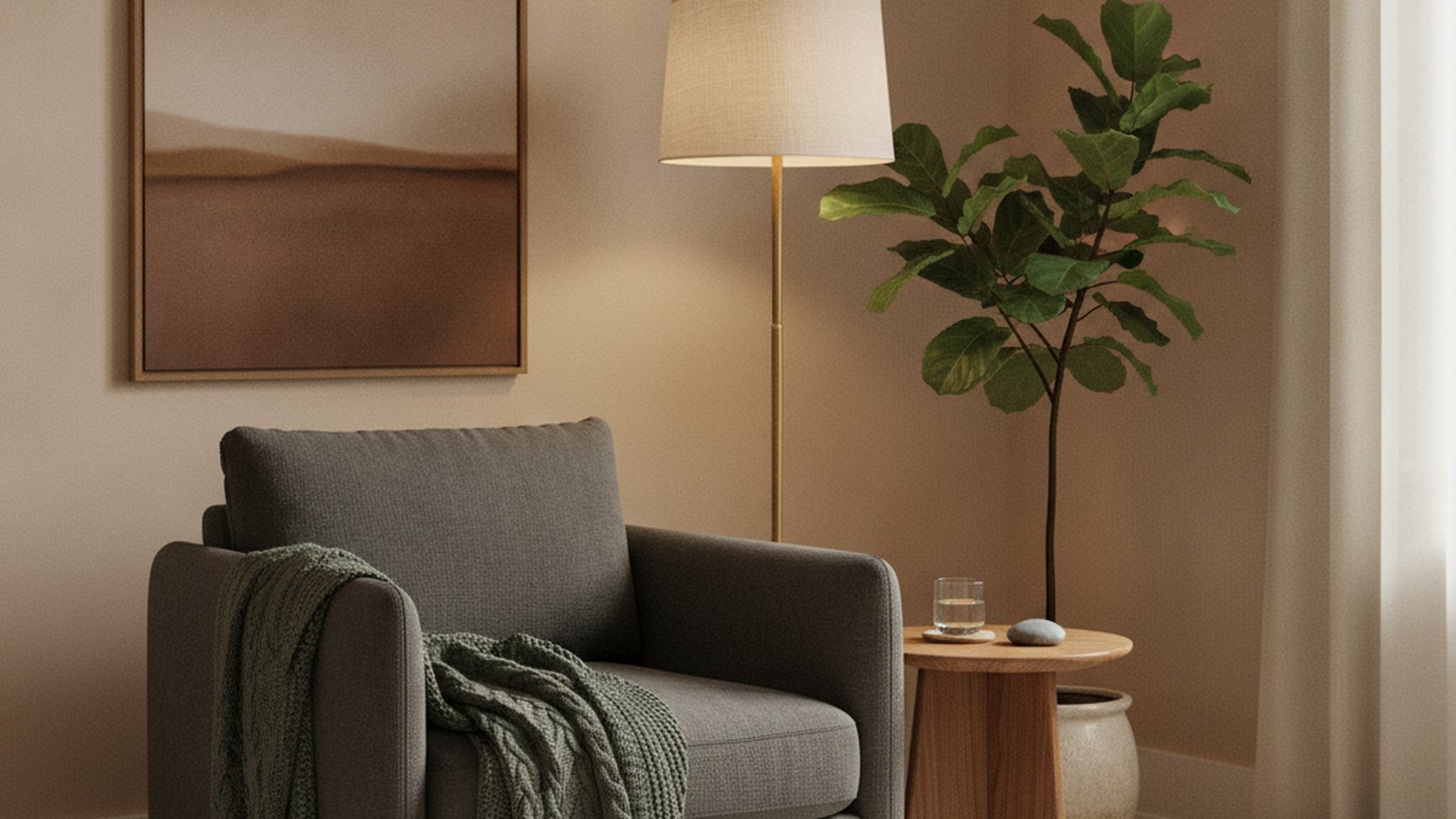A calm therapy room with a weighted blanket over an armchair and a glass of water on a side table