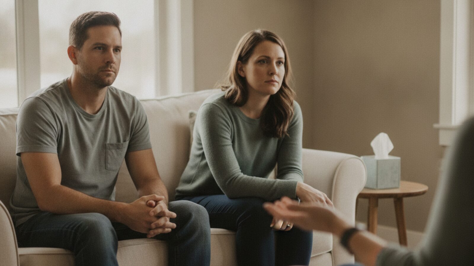 Two partners sitting on a couch in a counseling office, listening as a counselor speaks