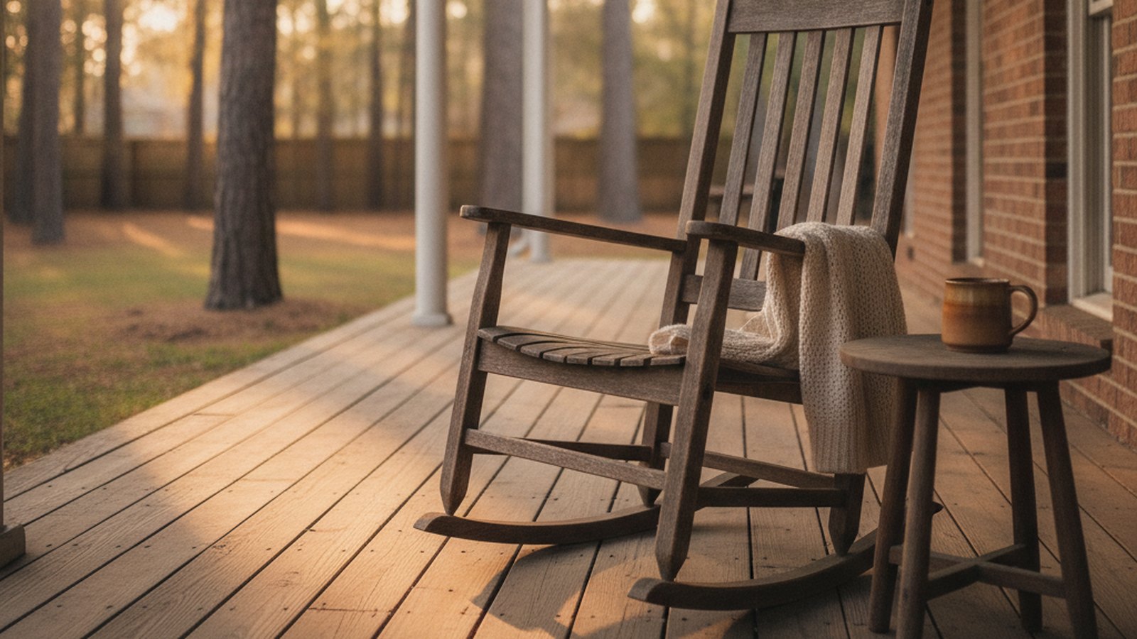 Empty rocking chair with a folded cardigan on a quiet back porch at dusk, a calm scene reflecting grief and loss