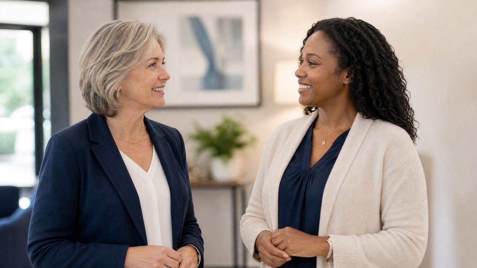 Two licensed counselors at Atascocita Counseling Associates talking warmly together in the office.