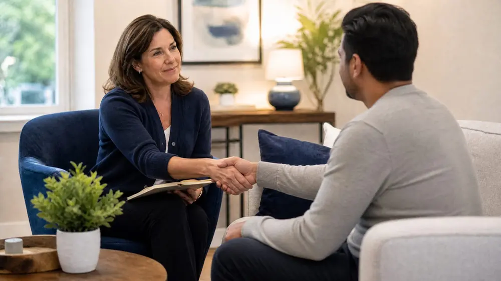 A licensed therapist warmly greeting and shaking hands with a new client at the start of a counseling session in Humble, TX.